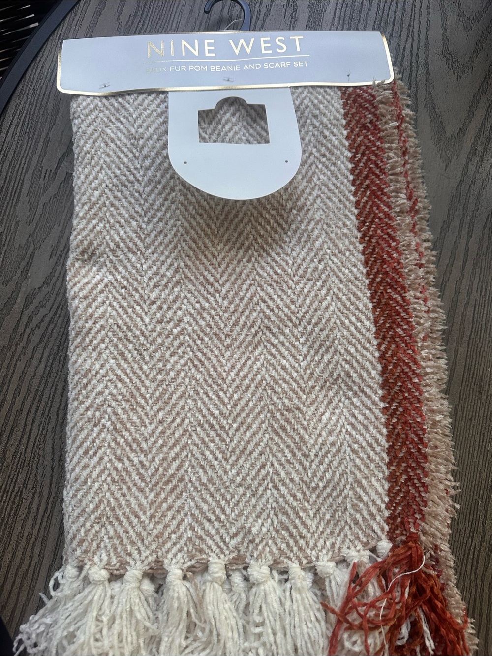 Nine West Cream and Rust Herringbone Fringe Scarf Wrap